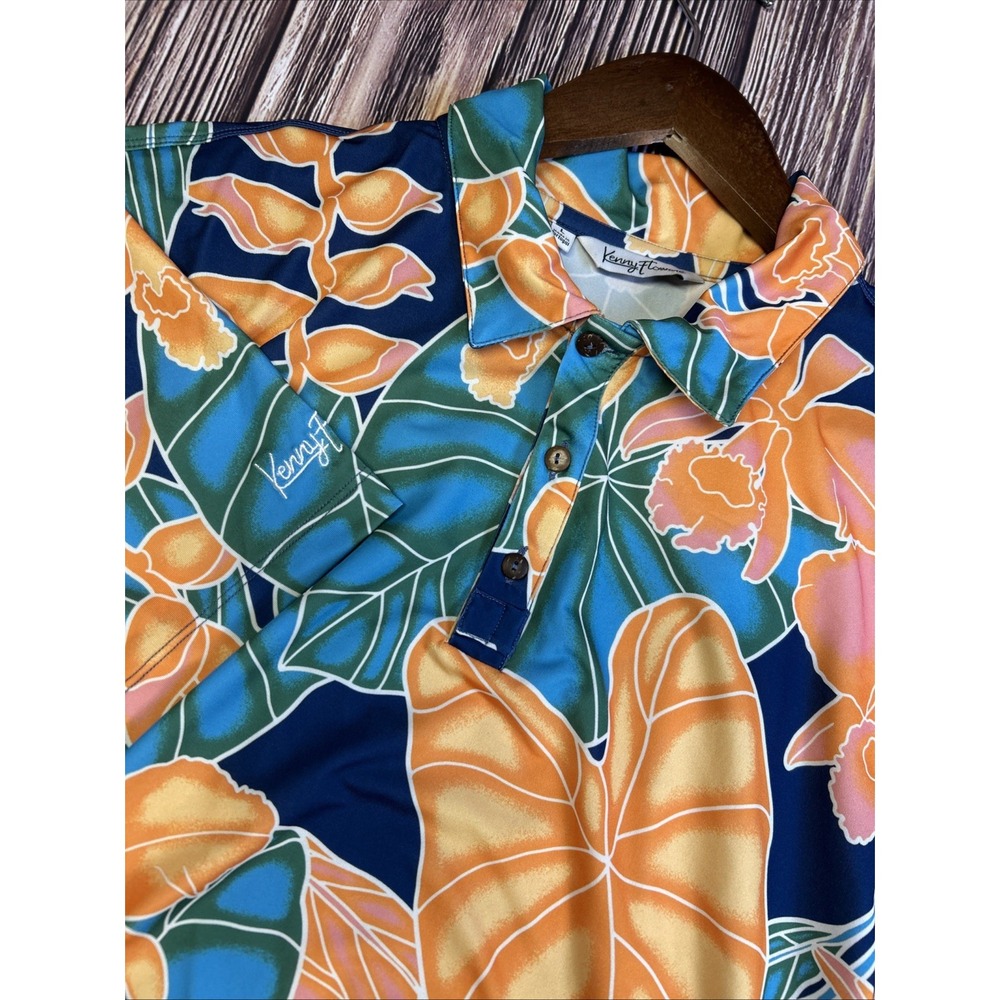 Kenny Flowers Orange Floral Short Sleeve Polo Shirt‎ Mens Large Polyester Blend